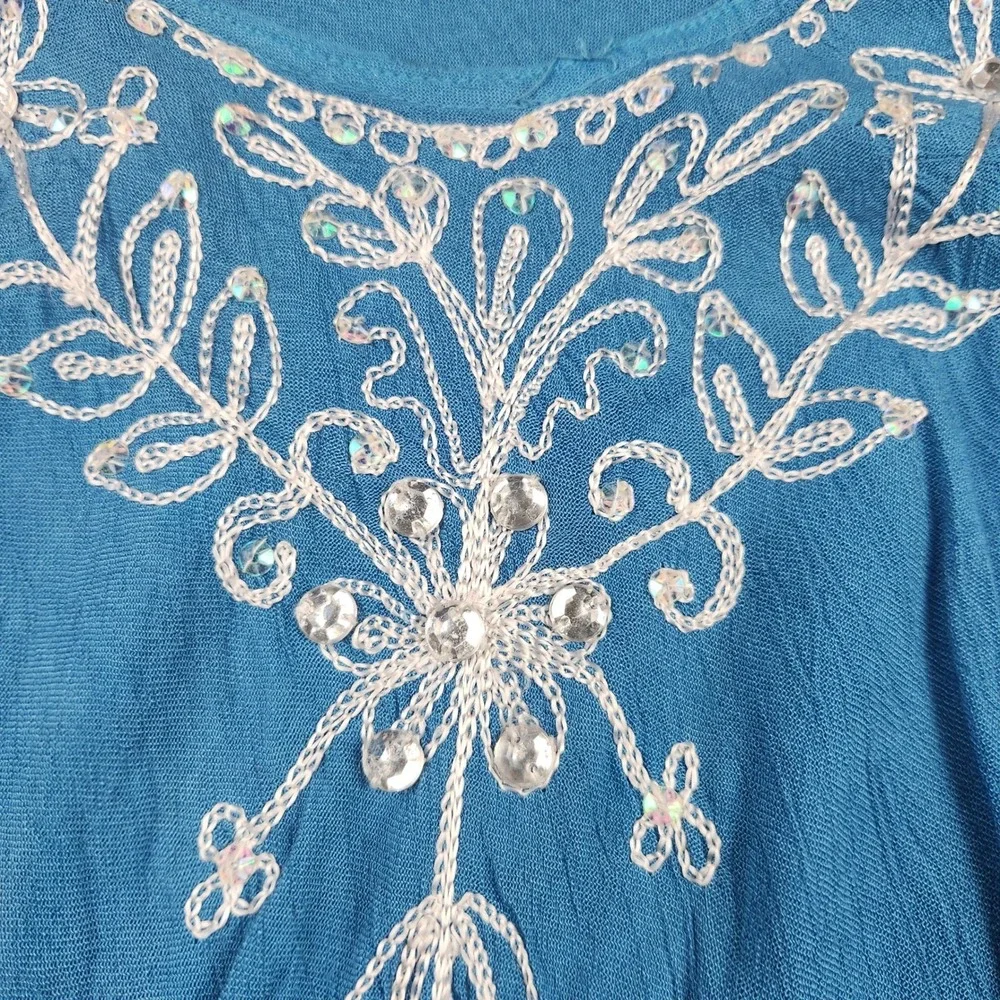 Rima‎ Beachworld Blue Tie Dye Embroidered Sequin Handkerchief Hem Dress OSFM